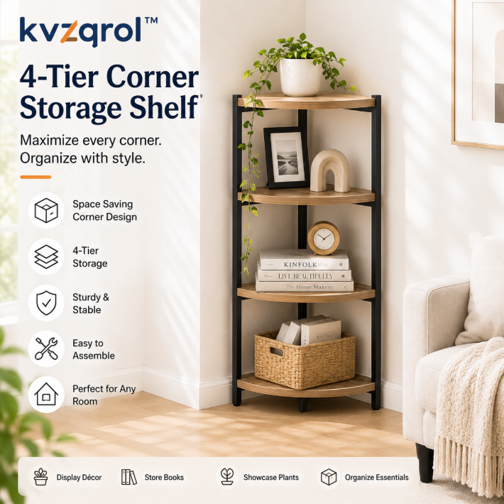 kvzqrol™ 4-Tier Corner Storage Shelf – Corner Bookcase, Display Rack, Small Space Furniture