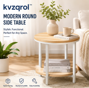 kvzqrol™ Modern Round Side Table with Storage Shelf – Small Living Room End Table, Bedroom Nightstand, Compact Accent Furniture