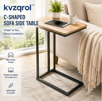 kvzqrol™ C-Shaped Sofa Side Table – Couch Snack Table, Laptop Table, Space Saving End Table